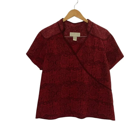Norton McNaughton Wine Cranberry Red Blouse Vintage 90s Tiny Flowers Faux Wrap - Picture 1 of 9
